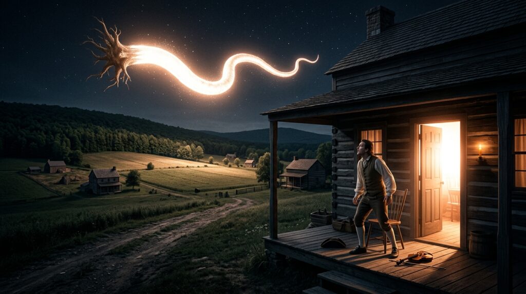 A German colonial settler standing on his porch in Carlisle Schoharie County New York around 1790 watching a massive 300-yard serpentine luminous object at 65 feet altitude follow the valley terrain at horse-race speed while his house is lit by its extraordinary brightness — as documented in his sworn statement published by the Historical and Philosophical Society of the State of New York in 1823
