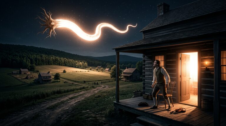 A German colonial settler standing on his porch in Carlisle Schoharie County New York around 1790 watching a massive 300-yard serpentine luminous object at 65 feet altitude follow the valley terrain at horse-race speed while his house is lit by its extraordinary brightness — as documented in his sworn statement published by the Historical and Philosophical Society of the State of New York in 1823