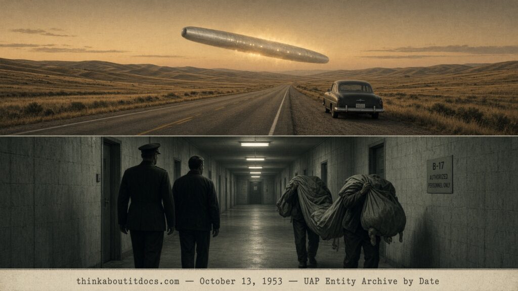 Illustration of a cigar-shaped object over a Montana highway and a witness escorted past bag-carrying figures inside a military building, October 13, 1953