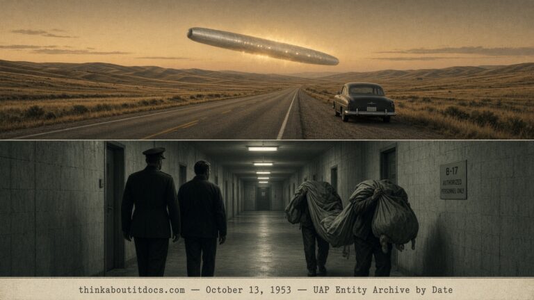 Illustration of a cigar-shaped object over a Montana highway and a witness escorted past bag-carrying figures inside a military building, October 13, 1953
