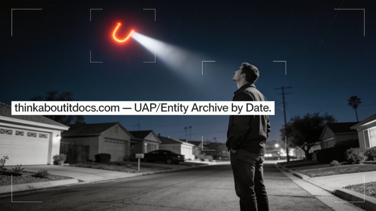 Dossier-style illustration of the 2014 La Puente, California sighting showing a witness watching a small U-shaped reddish-orange light hovering and bouncing at night