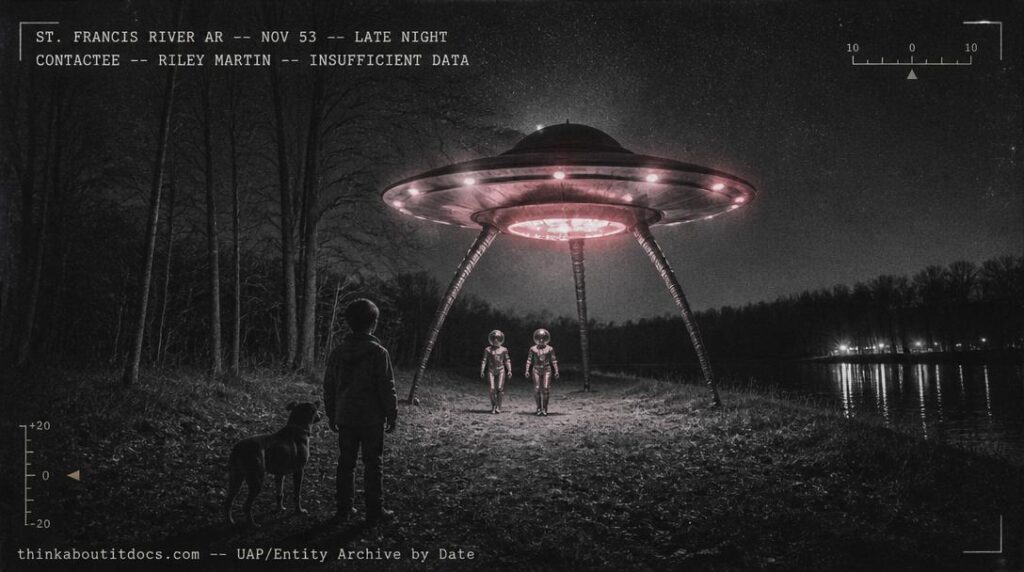 Dossier-style reconstruction of the November 1953 Riley Martin contactee case showing a seven-year-old boy and his dog facing a pink-glowing saucer hovering on three legs near the St. Francis River in Arkansas with two small helmeted figures approaching