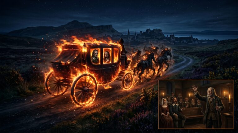 A fiery luminous coach racing through the dark Scottish night between Edinburgh and Musselburgh in 1648 with Major Thomas Weir and his sister Jane visible through the window, operated by strange entities — the CE-IV transport case documented by Charles Mackay and confessed voluntarily by Weir in 1670