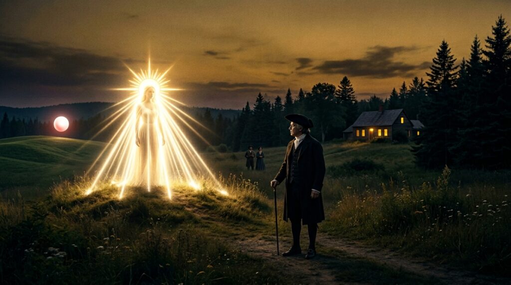 Reverend Abraham Cummings standing in a Maine field at dusk in July 1806 watching a two-foot red-tinged white globe transform at lightning speed into a luminous female figure crowned with the representation of the sun and its rectilinear rays extending to the ground — as documented in his 1826 publication Immortality Proved by the Testimony of Sense