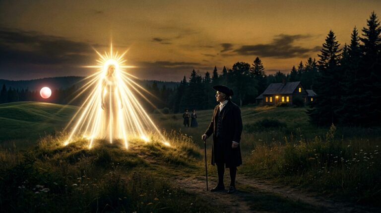 Reverend Abraham Cummings standing in a Maine field at dusk in July 1806 watching a two-foot red-tinged white globe transform at lightning speed into a luminous female figure crowned with the representation of the sun and its rectilinear rays extending to the ground — as documented in his 1826 publication Immortality Proved by the Testimony of Sense