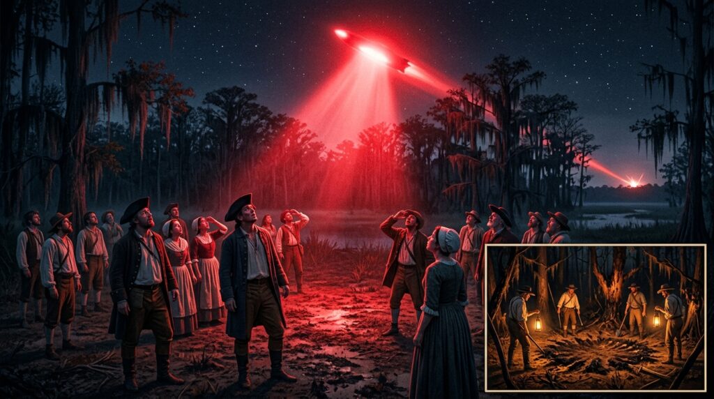 Multiple Louisiana frontier spectators lit from above by a 70-foot crimson-red luminous object at 200 yards altitude on April 5 1800 feeling heat but no electric sensation while stars remain visible elsewhere in the sky — as documented by naturalist William Dunbar and communicated to the American Philosophical Society by Thomas Jefferson on January 16 1801