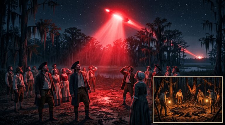 Multiple Louisiana frontier spectators lit from above by a 70-foot crimson-red luminous object at 200 yards altitude on April 5 1800 feeling heat but no electric sensation while stars remain visible elsewhere in the sky — as documented by naturalist William Dunbar and communicated to the American Philosophical Society by Thomas Jefferson on January 16 1801