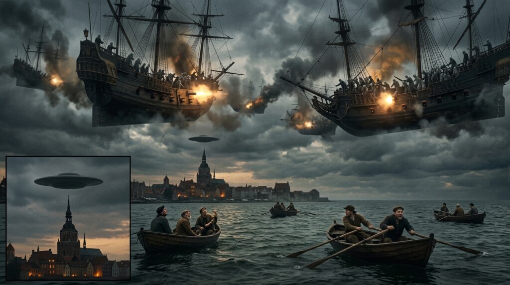 Six herring fishermen on the Baltic Sea off Stralsund Germany in April 1665 watching aerial warships with ghostly figures on their decks engaged in thunderous combat above the water, with a separate panel showing the dark grey flat round disc that appeared above St Nicholas Church at evening causing the fishermen to flee