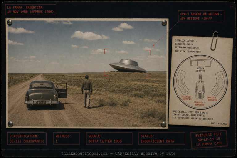 Intelligence-dossier evidence board for the May 1950 Epu Pel, La Pampa, Argentina encounter, showing a tilted silvery two-part saucer with a cupola resting on a low rise across an empty Pampa plain rendered in muted early-1950s color film stock, a period sedan stopped on a dirt road with its door open and a lone figure approaching on foot with his face turned away; a clipped clinical line-diagram inset shows the redacted cabin interior with one seated and two reclined occupant silhouettes stamped "deceased — reported," while restrained vermilion tactical HUD overlays mark the case as Classification CE-III occupants observed, one witness, source the 1955 Botta letter, status Insufficient Data.