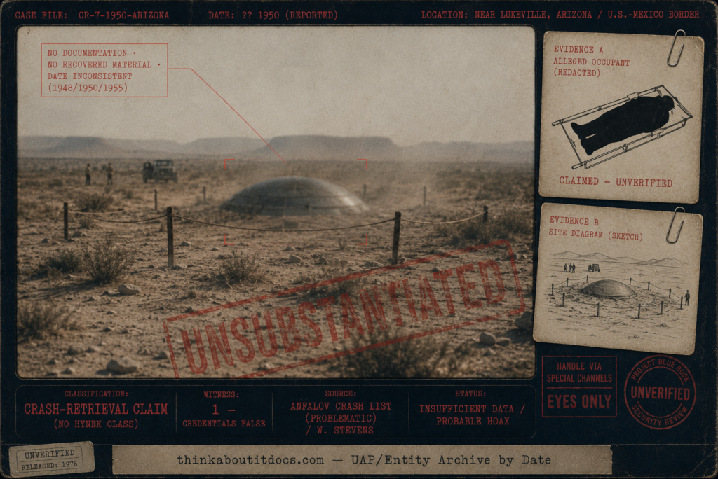 Skeptical intelligence-dossier evidence board for the alleged 1950 Del Rio Texas-Mexico border UFO crash, showing a dim dusty empty stretch of border desert at flat daylight with distant low mesas and a deliberately indistinct, out-of-focus domed disk shape half-embedded in the soil ringed by simple cordon stakes, no bodies shown and only a clipped evidence card with a redacted blacked-out body-bag silhouette marked claimed and unverified; rendered in washed-out muted low-saturation grainy 1950 film character with a faint diagonal "unsubstantiated" watermark, and restrained red tactical HUD overlays marking the case as a crash-retrieval claim with no Hynek class, one witness whose credentials were false, sourced to the problematic Anton Anfalov crash list and Wendell Stevens, status Insufficient Data and probable hoax.