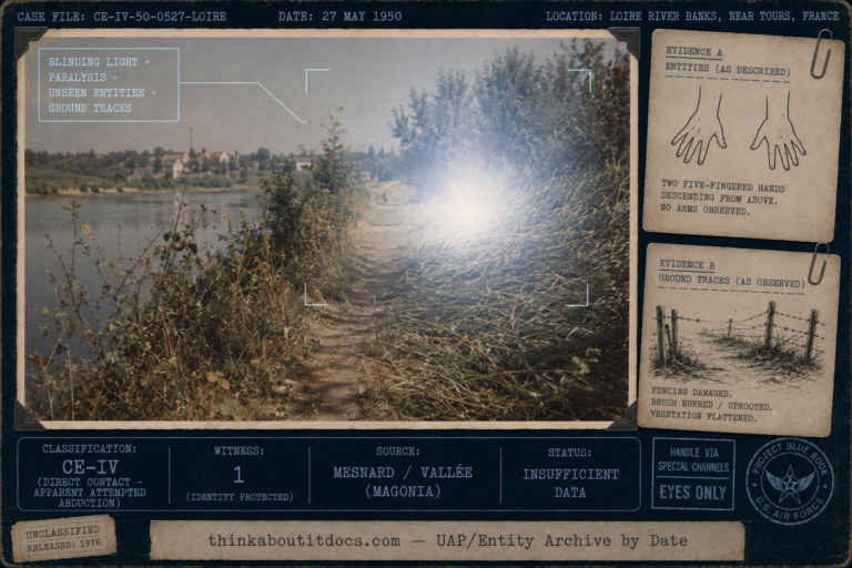Restrained intelligence-dossier evidence board for the May 1950 Cours-les-Barres, France encounter, showing a quiet daylight path along the brushy steep banks of the River Loire with brambles and scrub, the calm river below and distant village rooftops at a far bend, the event conveyed obliquely and non-graphically through a blinding cold blue-white light bloom over one stretch of path and flattened pressed brush as if disturbed by something unseen, with no depiction of any assault and only a small distant unidentifiable figure far down the track; clipped clinical insets show an abstract line-diagram of two five-fingered armless hands descending from above and a sketch of burned and uprooted fence posts with broken barbed wire and scorched brush, and restrained cold blue-white tactical HUD overlays mark the case as Classification CE-IV direct contact and apparent attempted abduction, one witness, sourced to Mesnard and Vallée's Passport to Magonia, status Insufficient Data.