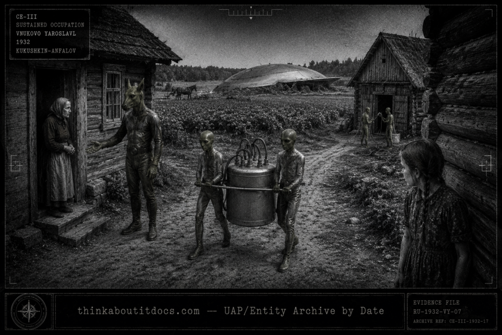 Silver gelatin halftone dossier illustration of the 1932 Vnukovo Yaroslavl Province Russia CE-III showing two slim greenish four-fingered beings carrying a shiny tank with tubes through a Russian village lane as a taller hoofed leader communicates with an elderly village woman, the partly-buried craft visible in the potato field behind the houses, and twelve-year-old witness Vera watching from behind a wall corner.