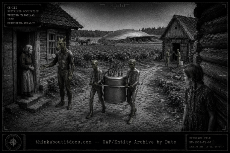 Silver gelatin halftone dossier illustration of the 1932 Vnukovo Yaroslavl Province Russia CE-III showing two slim greenish four-fingered beings carrying a shiny tank with tubes through a Russian village lane as a taller hoofed leader communicates with an elderly village woman, the partly-buried craft visible in the potato field behind the houses, and twelve-year-old witness Vera watching from behind a wall corner.