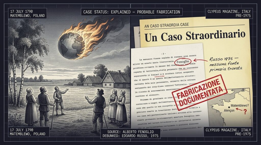 Split-panel intelligence dossier illustration showing left half the 1790 Matemblewo Poland UFO sphere event as described — farmers observing a flaming globe over a northern Polish landscape in 18th-century engraving style — and right half the debunk register showing the Italian Clypeus magazine source, the name Fenoglio circled in red ink, and researcher Edoardo Russo's 1975 annotation confirming no primary source was found