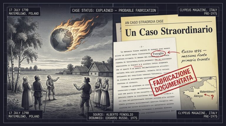 Split-panel intelligence dossier illustration showing left half the 1790 Matemblewo Poland UFO sphere event as described — farmers observing a flaming globe over a northern Polish landscape in 18th-century engraving style — and right half the debunk register showing the Italian Clypeus magazine source, the name Fenoglio circled in red ink, and researcher Edoardo Russo's 1975 annotation confirming no primary source was found