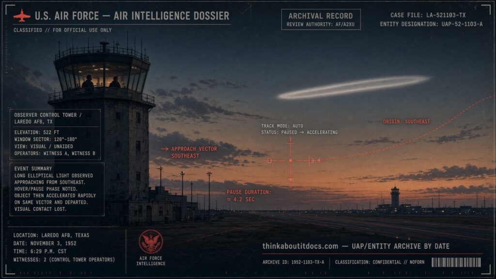 Archival-style illustration of the 1952 Laredo AFB, Texas UFO case, showing an elliptical whitish-gray light approaching the base at dusk as seen from the control tower