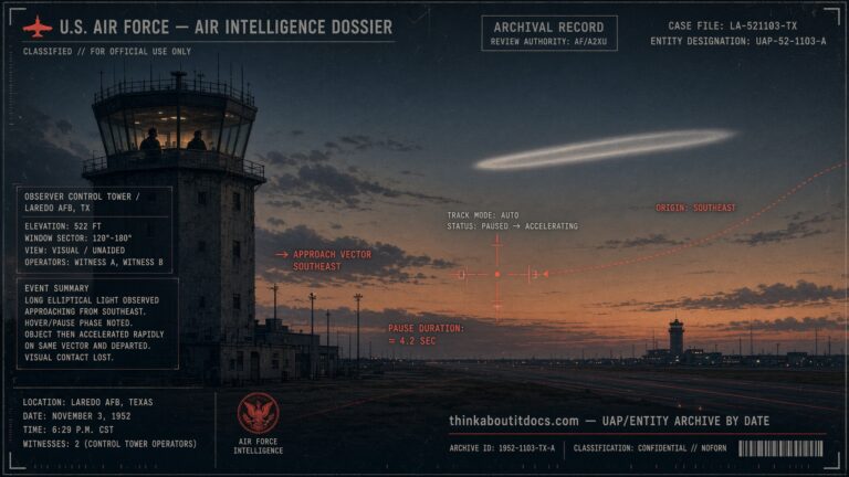 Archival-style illustration of the 1952 Laredo AFB, Texas UFO case, showing an elliptical whitish-gray light approaching the base at dusk as seen from the control tower