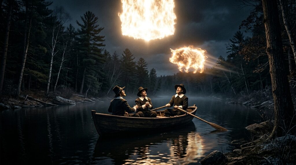 Three Puritan colonists in a small wooden rowboat on the dark Muddy River near Charlton Massachusetts in 1638 watching a massive three-yard-square luminous object hover and flame up above the water while beginning to contract into swine-shape — America's first governor-documented UAP as recorded by John Winthrop