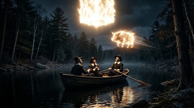 Three Puritan colonists in a small wooden rowboat on the dark Muddy River near Charlton Massachusetts in 1638 watching a massive three-yard-square luminous object hover and flame up above the water while beginning to contract into swine-shape — America's first governor-documented UAP as recorded by John Winthrop