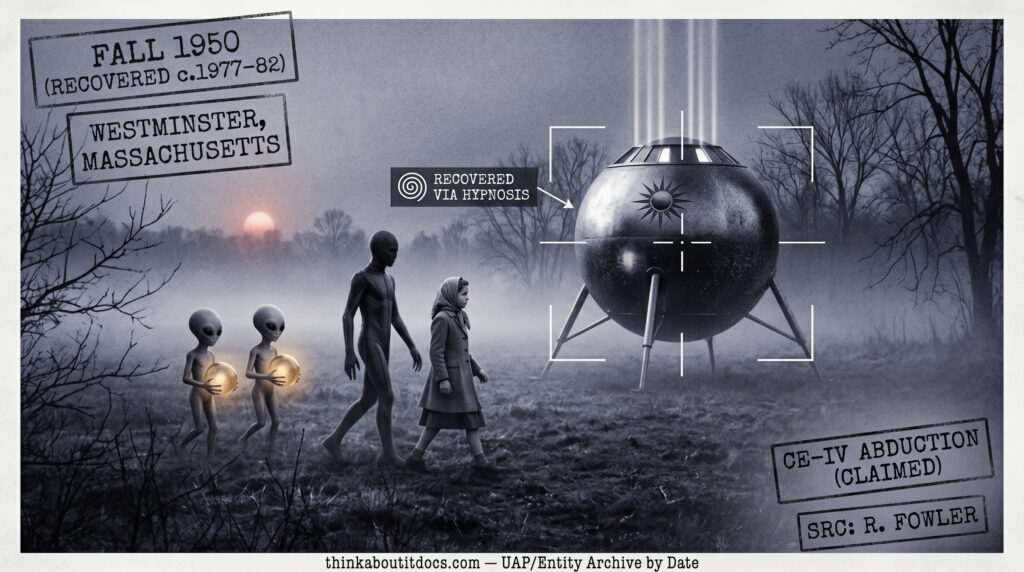 Dossier-style reconstruction of Betty Andreasson's recovered 1950 Westminster Massachusetts childhood abduction account, showing a young girl crossing a misty autumn field at morning escorted by a tall slender humanoid ahead and two short grey beings behind carrying glowing globes, beside a landed reflective metallic sphere on three legs bearing a sunburst emblem with beams of solid light cut off above it, overlaid with HUD stamps noting the account was recovered via hypnosis, single-witness, CE-IV, and Status: Insufficient Data, in a cold indigo-charcoal early-1950s register with a single amber accent.