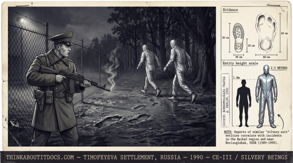 Dossier composite illustration of the 1990 Timofeyeva Settlement Russia silvery beings encounter showing a Soviet military sentry in olive drab uniform at a perimeter fence with Kalashnikov raised after firing a warning shot as two enormous two-and-a-half-meter-tall figures in flat silver overalls pivot at speed back toward a dark oak grove with large shapeless footprint impressions visible in the wet soil in the foreground alongside an evidence panel showing the footprint scale diagram entity height notation the Komsomolskaya Pravda and Far Eastern Air Defense District source attribution and the silvery suit morphological pattern thread note