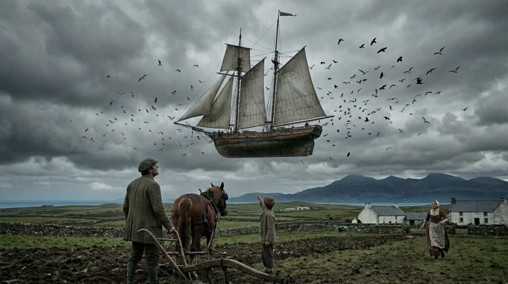 Welsh farmer William John Lewis and his servant boy staring upward at a 90-ton ketch-rigged sailing vessel at quarter-mile altitude approaching from Snowdonia over the fields near Peibio Anglesey Wales in 1743 while his wife runs from the farmhouse and birds circle the vessel from all directions before it retreats stern-first back to the mountains