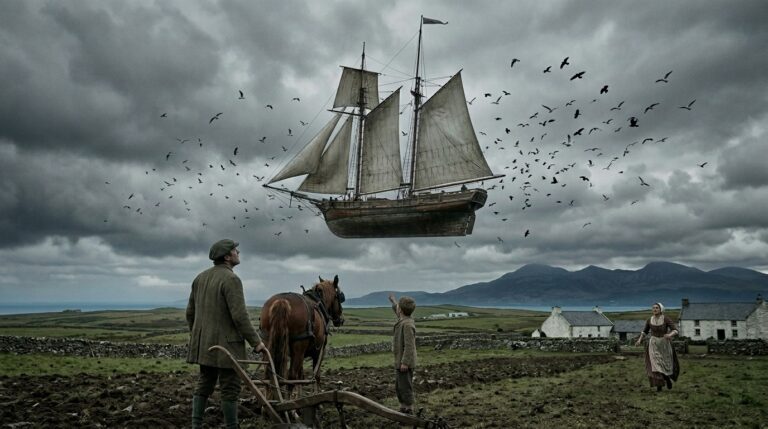 Welsh farmer William John Lewis and his servant boy staring upward at a 90-ton ketch-rigged sailing vessel at quarter-mile altitude approaching from Snowdonia over the fields near Peibio Anglesey Wales in 1743 while his wife runs from the farmhouse and birds circle the vessel from all directions before it retreats stern-first back to the mountains
