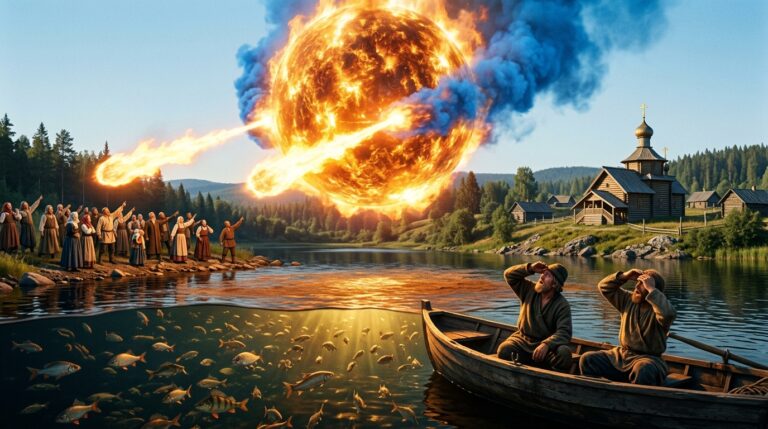 A massive 40-meter flaming sphere with two forward projecting beams of fire hovering over Robozero Lake Russia on August 15 1663 while Russian Orthodox peasant congregation watches from shore and fishermen in a boat are driven back by its burning heat — Russia's most famous UAP event documented by Ivan Rzhevsky