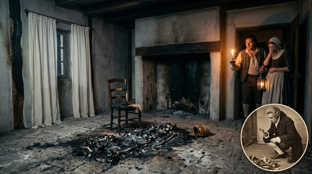 Interior of a 18th century French room showing the aftermath of the Nicole Miller 1725 Spontaneous Human Combustion case — extreme localized bone ash on the blackened floor near an empty fireplace while muslin curtains only three feet away remain completely intact, with neighbors discovering the scene by candlelight and surgeon Nicolas Le Cat examining the evidence