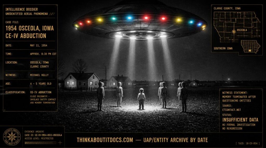 Intelligence-dossier reconstruction of the 1954 Osceola Iowa CE-IV showing a preschool-aged boy standing in a circle of solid-looking beaming lights in a flat Iowa field at night with several small uniformed figures around him and a large disc with colorful rim lights hovering directly overhead