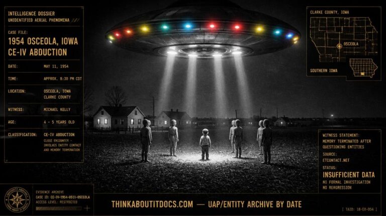 Intelligence-dossier reconstruction of the 1954 Osceola Iowa CE-IV showing a preschool-aged boy standing in a circle of solid-looking beaming lights in a flat Iowa field at night with several small uniformed figures around him and a large disc with colorful rim lights hovering directly overhead