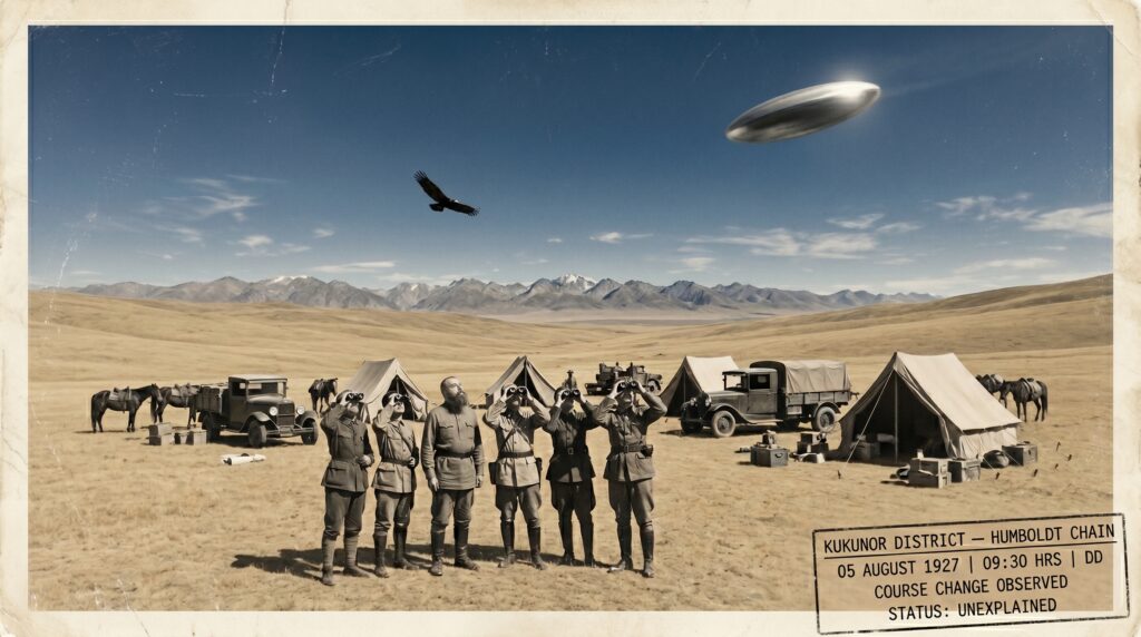 Illustration of the August 5 1927 Roerich expedition Kukunor UFO sighting showing Nicholas Roerich and six caravan members on a high Central Asian plateau with field glasses raised watching a huge shiny metallic oval object with brilliant sun reflection on one face traveling at great speed and changing course from south to southwest in an intensely blue high-altitude sky above a large black eagle