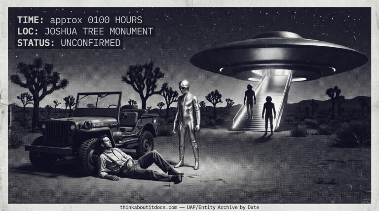 Dossier-style illustration of the 1979 Twentynine Palms, California encounter showing a man on desert sand with a tall silvery-suited figure standing over him beside a landed disc