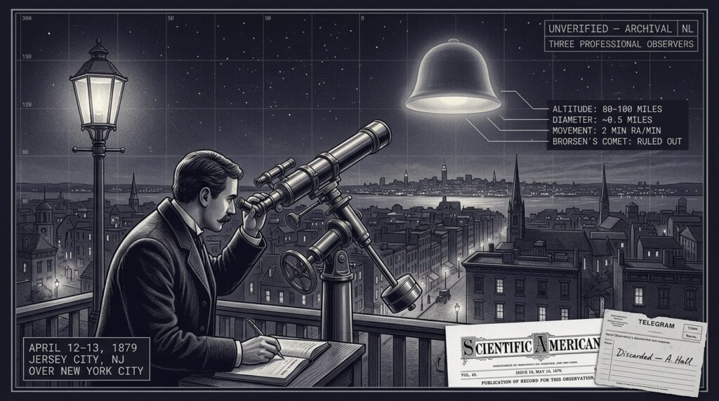 Single-panel intelligence archive illustration showing Jersey City astronomer Henry Harrison at his brass telescope on a rooftop observation platform in April 1879 tracking a large glowing circular bell-shaped object stationary over New York City at calculated altitude of 80 to 100 miles, with Scientific American Vol 40 Issue 19 masthead inset and a discarded telegram form representing Asaph Hall's non-response from the US Naval Observatory