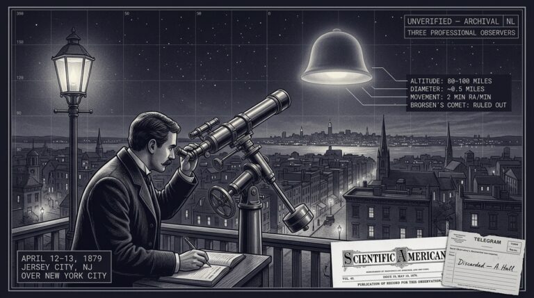 Single-panel intelligence archive illustration showing Jersey City astronomer Henry Harrison at his brass telescope on a rooftop observation platform in April 1879 tracking a large glowing circular bell-shaped object stationary over New York City at calculated altitude of 80 to 100 miles, with Scientific American Vol 40 Issue 19 masthead inset and a discarded telegram form representing Asaph Hall's non-response from the US Naval Observatory