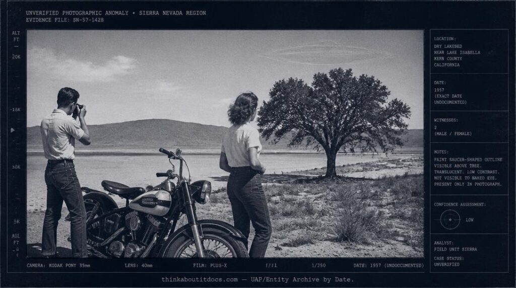 Dossier-style illustration of the 1957 Lake Isabella, California UFO photograph showing a couple beside a motorcycle near a dry lakebed with a faint, barely visible saucer shape above a distant oak tree