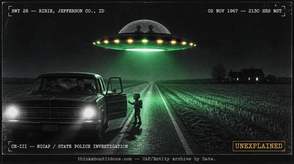 Dossier-style reconstruction of the November 2 1967 Ririe Idaho CE-III encounter showing a small domed disc with green and orange rim lights hovering five feet above Highway 26 at night while a 3.5-foot entity with a backpack-like protrusion approaches the open driver door of a stopped car with two terrified Shoshone-Bannock witnesses pressed against the passenger side and a distant lit farmhouse in the stubble wheat field