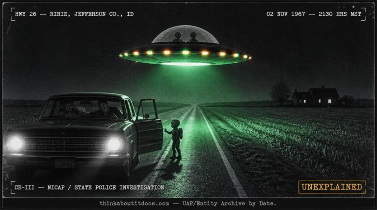 Dossier-style reconstruction of the November 2 1967 Ririe Idaho CE-III encounter showing a small domed disc with green and orange rim lights hovering five feet above Highway 26 at night while a 3.5-foot entity with a backpack-like protrusion approaches the open driver door of a stopped car with two terrified Shoshone-Bannock witnesses pressed against the passenger side and a distant lit farmhouse in the stubble wheat field