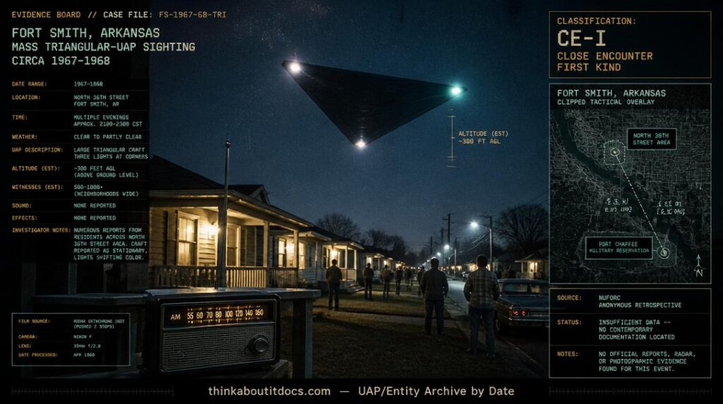 Intelligence-dossier reconstruction of the circa 1967–1968 Fort Smith Arkansas mass triangular-UAP sighting showing a dark triangular craft with color-changing corner lights hovering 300 feet above modest 1960s frame houses on North 36th Street while neighborhood residents stand in their yards looking upward and an AM radio glows on a porch railing