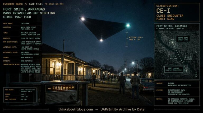 Intelligence-dossier reconstruction of the circa 1967–1968 Fort Smith Arkansas mass triangular-UAP sighting showing a dark triangular craft with color-changing corner lights hovering 300 feet above modest 1960s frame houses on North 36th Street while neighborhood residents stand in their yards looking upward and an AM radio glows on a porch railing