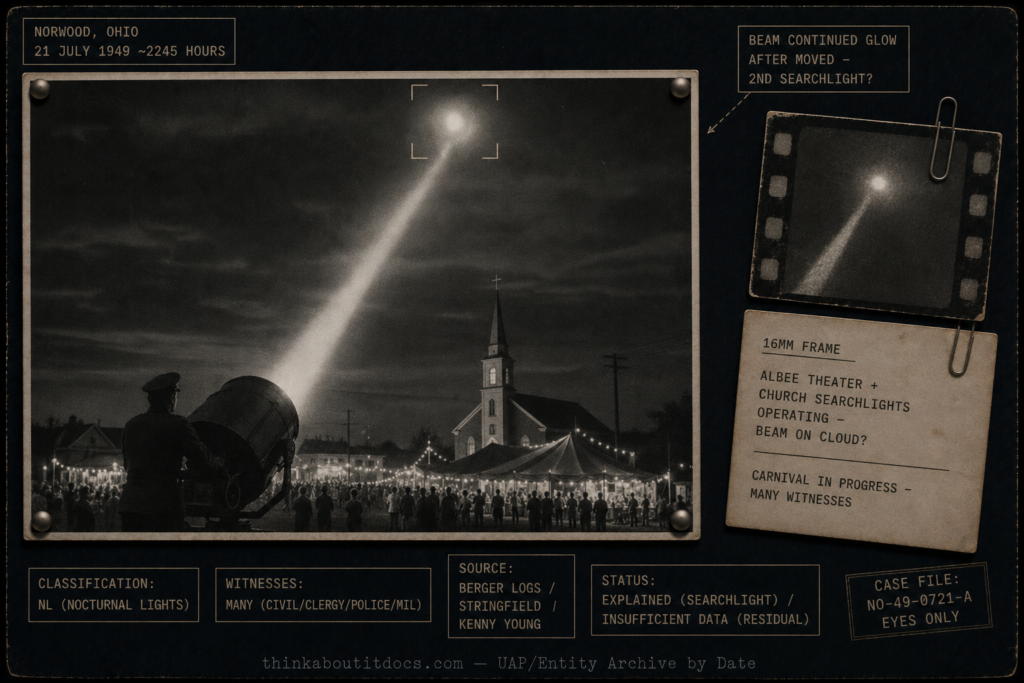 Intelligence-dossier evidence board for the 1949 Norwood, Ohio searchlight UFO incident, showing a night carnival scene with tents, a church steeple, and a distant crowd looking up as a single powerful surplus searchlight beam rises into a hazy night sky and catches a stationary glowing circular object, the beam appearing to bend slightly into it, with the uniformed searchlight operator in unidentifiable silhouette; rendered in coarse late-1940s black-and-white silver-gelatin and 16mm-frame texture, with a clipped degraded film-frame inset and a note questioning whether the Albee Theater and church searchlights were bouncing off cloud, and restrained warm-white tactical HUD overlays marking the case as Classification NL nocturnal lights, many civilian clergy police and military witnesses, sourced to the Berger logs, Stringfield, and Kenny Young, status Explained by searchlight for the mass episode and Insufficient Data for the residual reports.