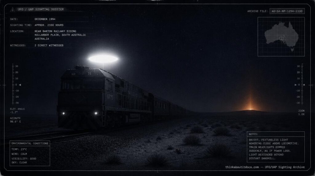 Illustration of the 1994 Nullarbor Plain train UFO incident showing a bright light hovering above a diesel train at night with a distant glow on a sandhill