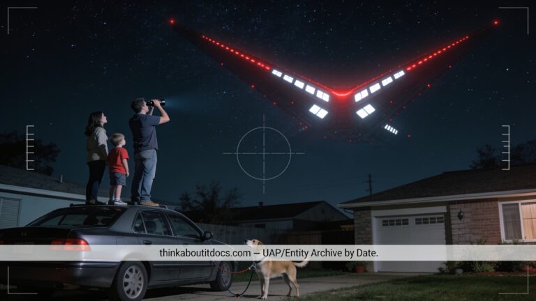 Dossier-style illustration of the November 2008 Southern California mass sighting showing a family with binoculars watching an enormous dimly red-lit V-shaped object cross the night sky
