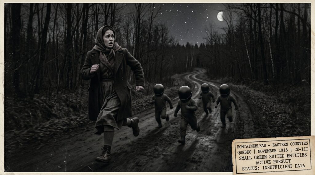 Illustration of the November 1918 Fontainebleau Quebec CE-III encounter showing eighteen-year-old Maria Dion running on a dark rural Quebec road looking back at several small two-foot green entities in helmets and full-body overalls pursuing her at surprisingly high speed through the bare autumn trees
