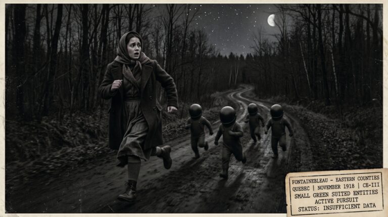 Illustration of the November 1918 Fontainebleau Quebec CE-III encounter showing eighteen-year-old Maria Dion running on a dark rural Quebec road looking back at several small two-foot green entities in helmets and full-body overalls pursuing her at surprisingly high speed through the bare autumn trees
