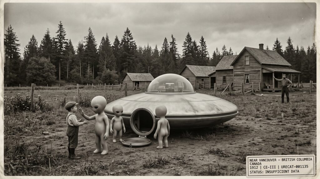 Illustration of the 1912 Vancouver British Columbia CE-III contact encounter showing a perfectly round metallic machine with a glass dome cabin resting in a farm field while a small entity with no visible knees or elbows examines the hands of six-year-old Abram Penner as his father watches from the farmhouse doorway in the background