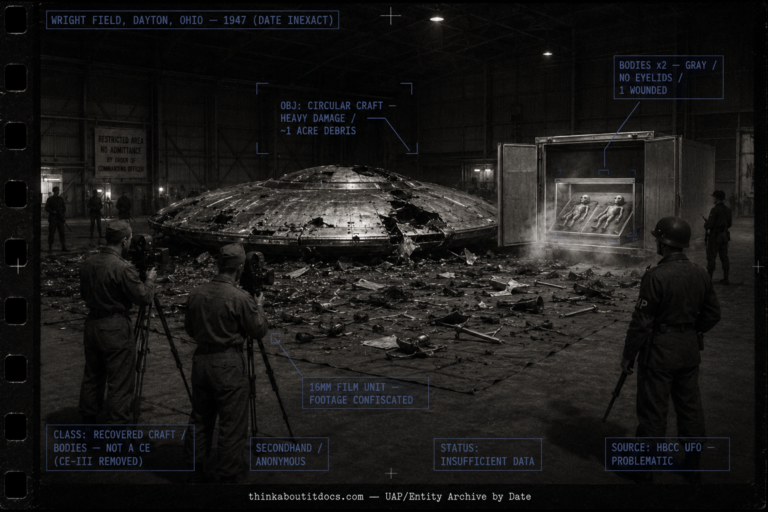 Single panel intelligence dossier image for the 1947 Wright Field Dayton Ohio account showing the interior of a guarded military hangar with a badly damaged dull-metallic circular craft amid roughly an acre of debris on a canvas tarp, two 1940s Army Air Forces cameramen filming with 16mm motion cameras on tripods, armed guards in silhouette, and a partially open refrigerated unit at the rear holding a museum-style glass case with two small gray lidless-eyed bodies one of which is wounded, rendered as a grainy 1947 silver gelatin photograph with a faint 16mm frame border in an indigo-charcoal palette, with HUD overlays marking the damaged craft, the two bodies, the confiscated film unit, the reclassification from CE-III to a recovered-craft and bodies claim, the anonymous secondhand witness, the problematic HBCC source, and the Insufficient Data status, and a lower strip reading thinkaboutitdocs.com — UAP/Entity Archive by Date