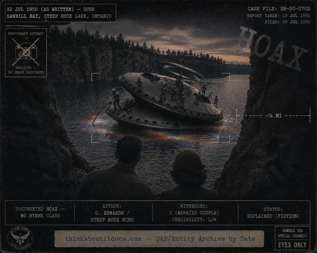 Dossier-style dusk reconstruction of the 1950 Steep Rock Lake hoax showing a tilted twin-saucer craft resting on Sawbill Bay crewed by small faceless automaton figures in red and blue caps working a hose beneath a rotating hoop, the water shimmering faint red-blue-gold, while a man and woman peer from a foreground rock cleft, overlaid with reticle and HUD stamps marking it a documented hoax with no Hynek classification, in cold indigo-charcoal monochrome with a single color accent.