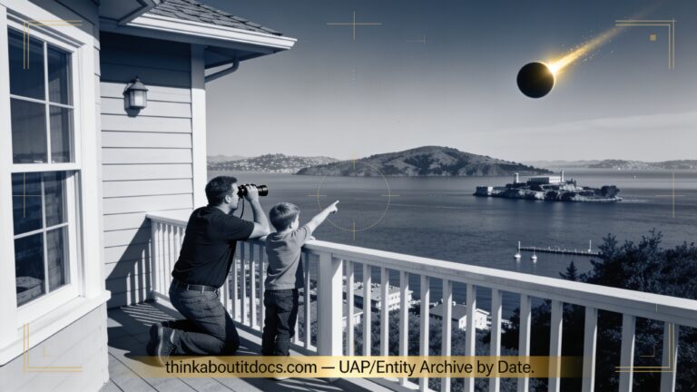 Dossier-style illustration of the 2006 Tiburon, California sighting showing a father and son on a balcony watching a small dark disc catch sunlight over San Francisco Bay