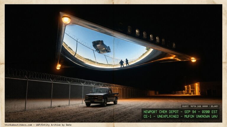 Dossier-style reconstruction of the September 1994 Newport Chemical Depot CE-I showing an enormous triangle with a convex mirror underside reflecting the ground in daylight quality while two security guards and their patrol truck watch from below on a moonless night